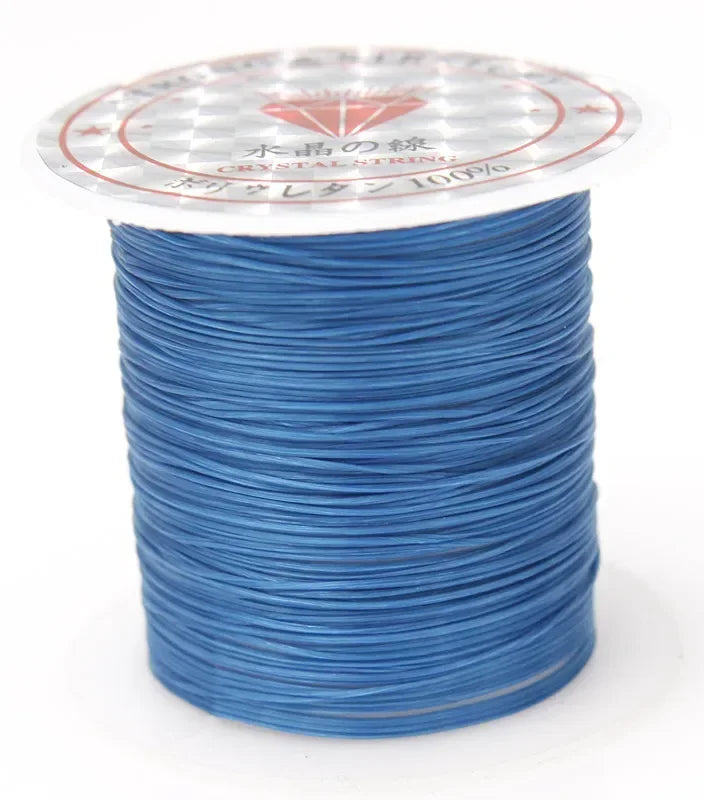 Spool of blue thread with a clear label on a white background