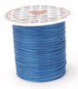 Spool of blue thread with a clear label on a white background