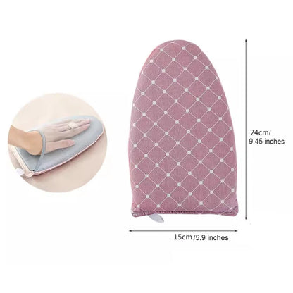 Pink ironing board cover with diamond pattern and measurements on a white background