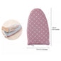Pink ironing board cover with diamond pattern and measurements on a white background