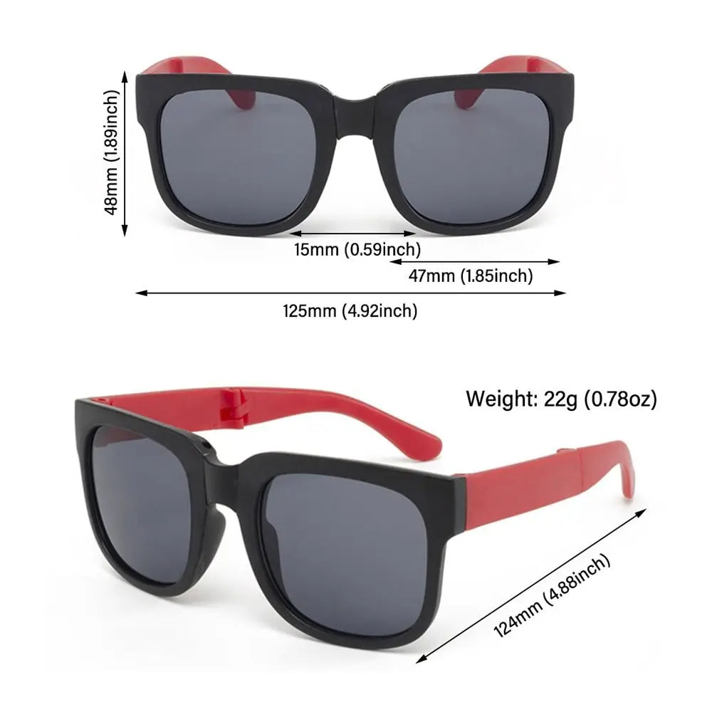 Sunglasses with dimensions and weight displayed on a white background