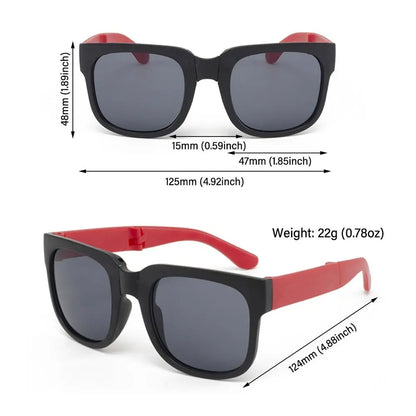 Sunglasses with dimensions and weight displayed on a white background