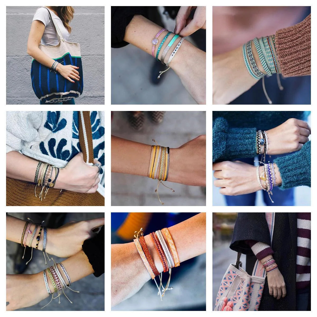 Collage of people wearing various bracelets on different wrists.