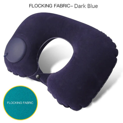 Dark blue inflatable neck pillow with flocking fabric texture on a white background