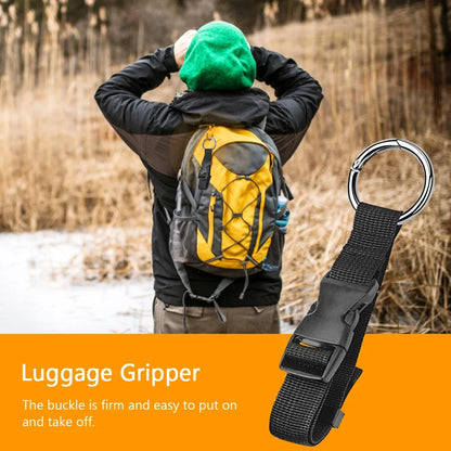 Person with a yellow backpack in a natural setting, with a luggage gripper displayed in the foreground.
