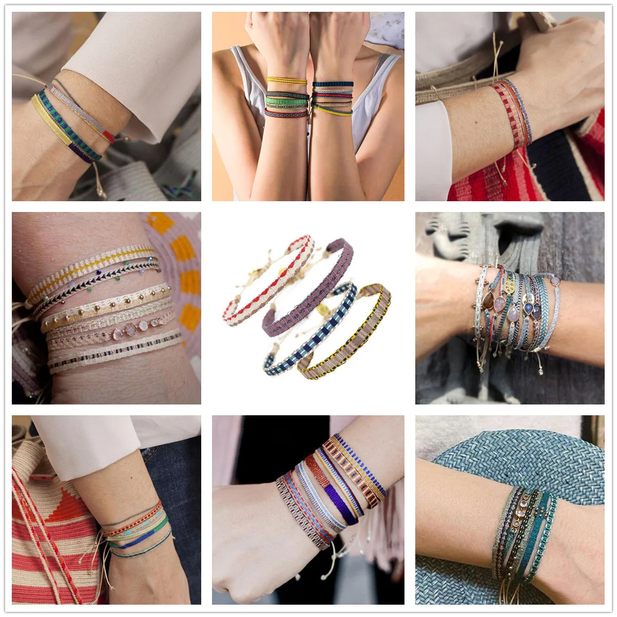 Collage of various bracelets on wrists with different styles and colors.