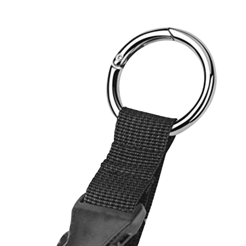 Black keychain with a metal ring on a white background