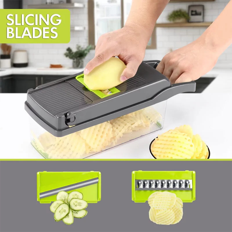 Person using a mandoline slicer to slice an apple in a kitchen setting.