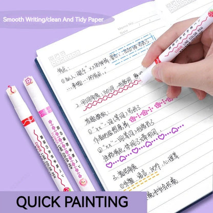 Handwriting on a notebook with a pen, set against a purple background.