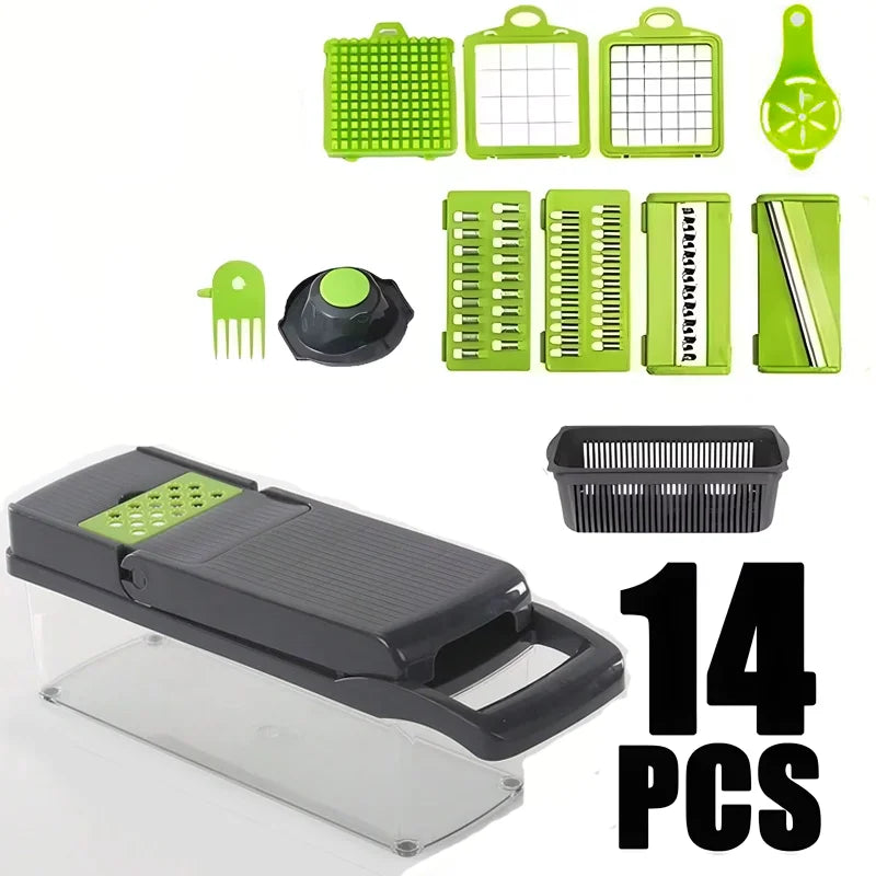 Multifunctional kitchen tool with various attachments on a white background