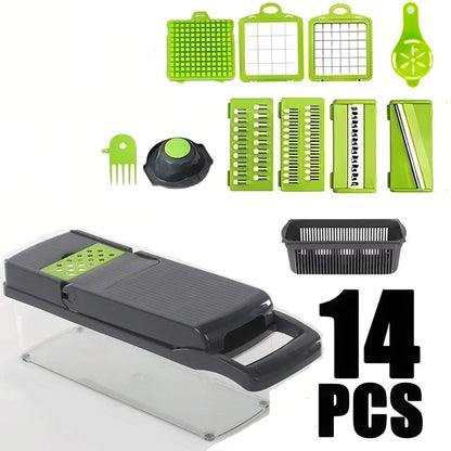 Multifunctional kitchen tool with various attachments on a white background