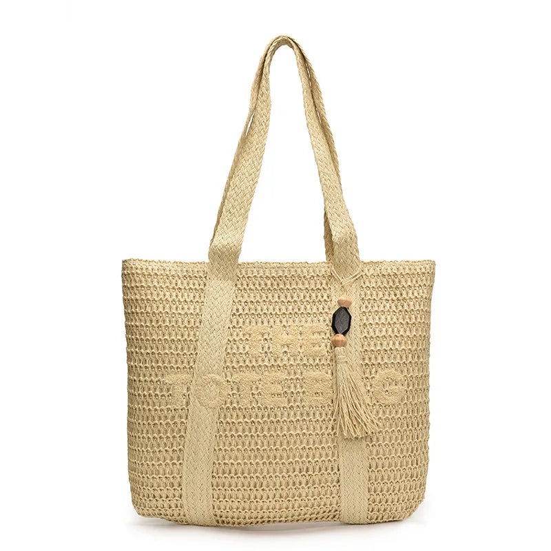 French-Style Woven Straw Tote Bag – Large Beach Vacation Shoulder Bag