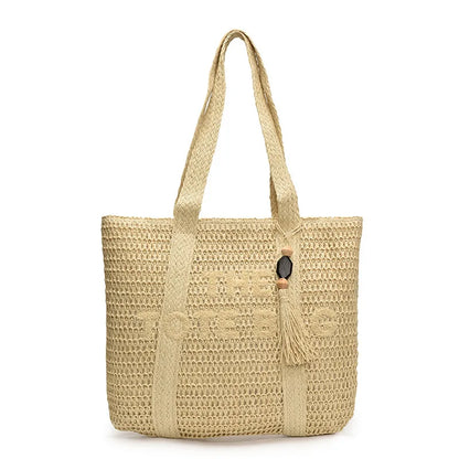 French-Style Woven Straw Tote Bag – Large Beach Vacation Shoulder Bag