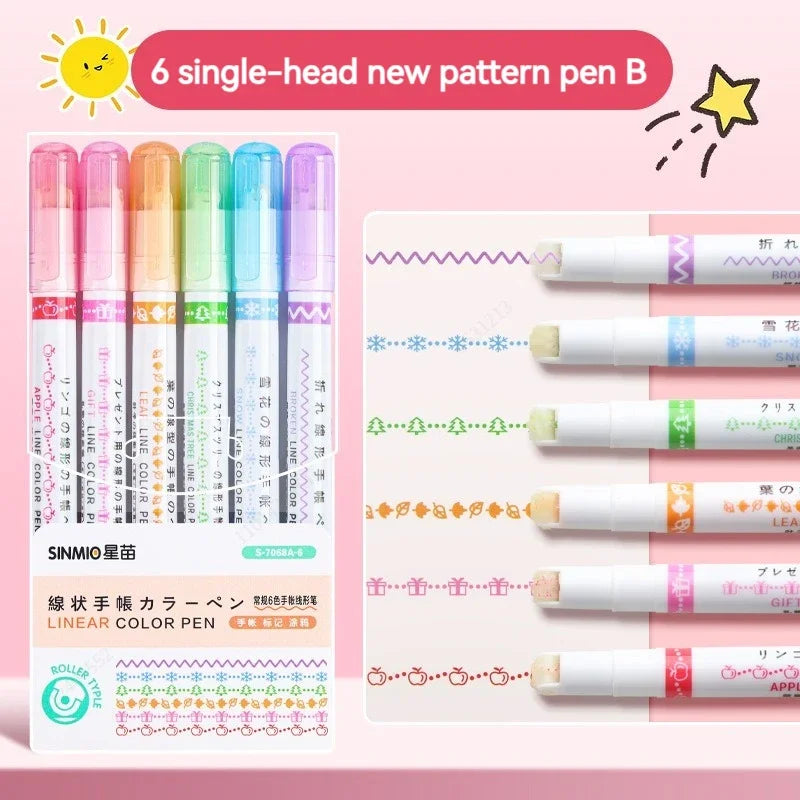 Set of six single-head color pens with packaging on a pink background