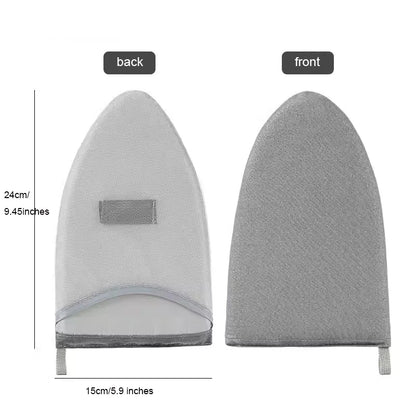 Gray ironing board cover with measurements on a white background