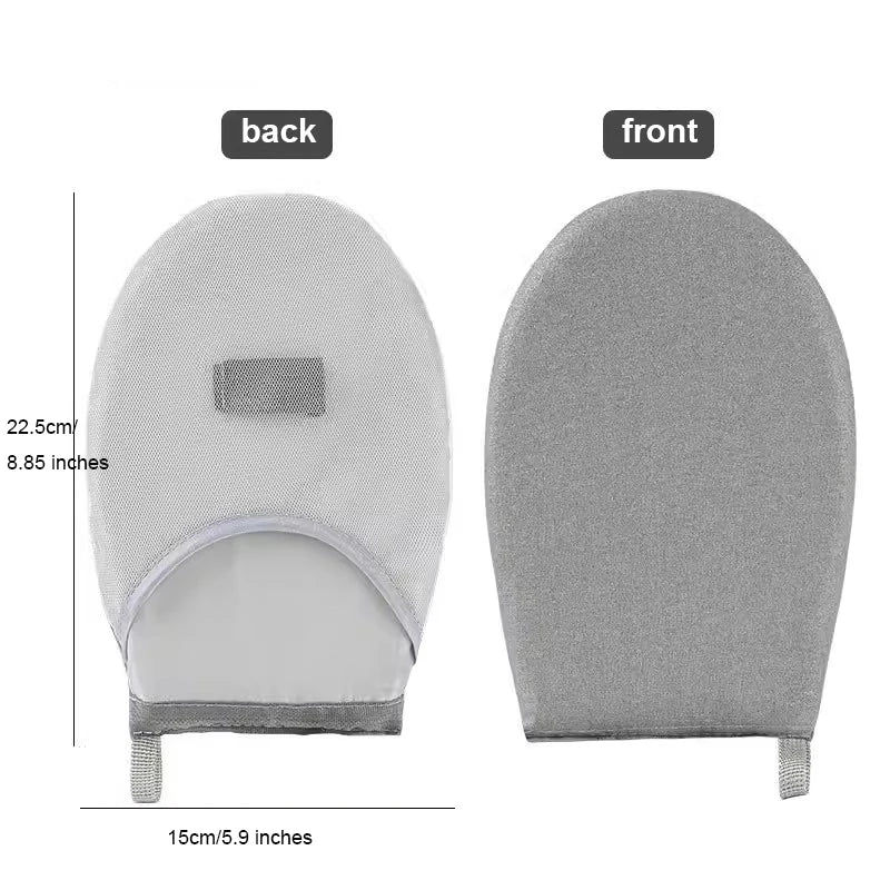 Gray and white mitt with measurements on a white background