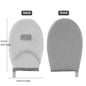Gray and white mitt with measurements on a white background