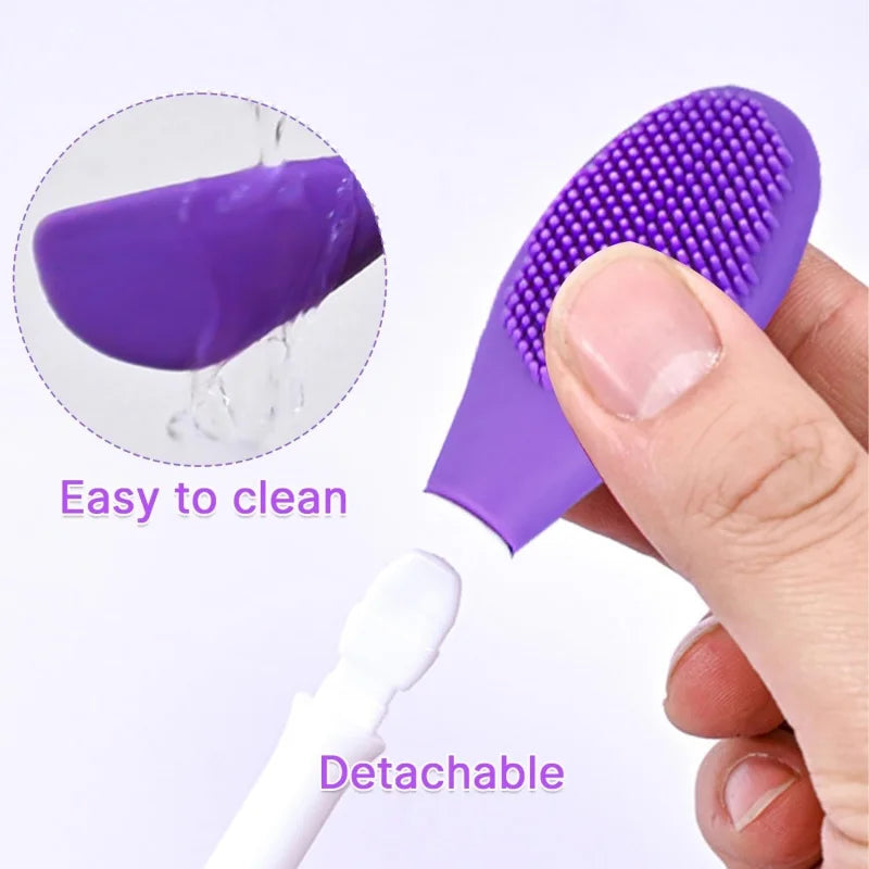 Purple silicone cleaning brush held by a hand with close-up of bristles and text 'Easy to clean' and 'Detachable'.