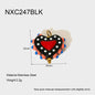 Heart-shaped pendant with black border and red center, featuring white polka dots, on a white background with measurements and material details.