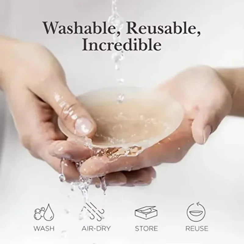 Hands holding a bowl with water and soap, with text 'Washable, Reusable, Incredible' and icons below.