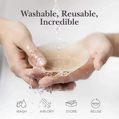 Hands holding a bowl with water and soap, with text 'Washable, Reusable, Incredible' and icons below.