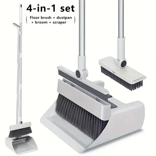 4-in-1 cleaning set with floor brush, dustpan, broom, and scraper on a white background