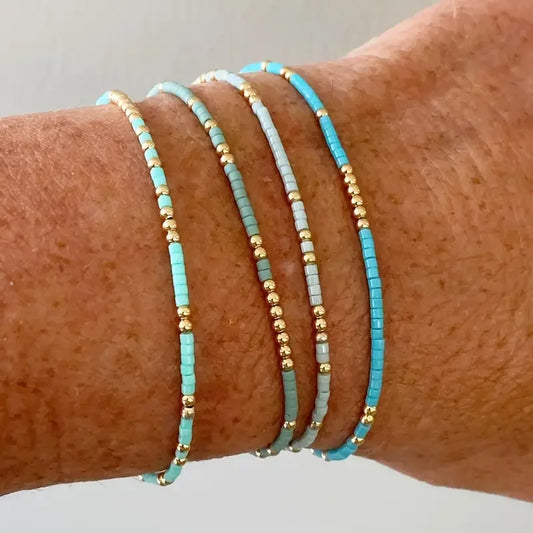 4-Piece Turquoise Seed Bead Bracelet Set – Boho Gold-Plated Elastic Jewelry