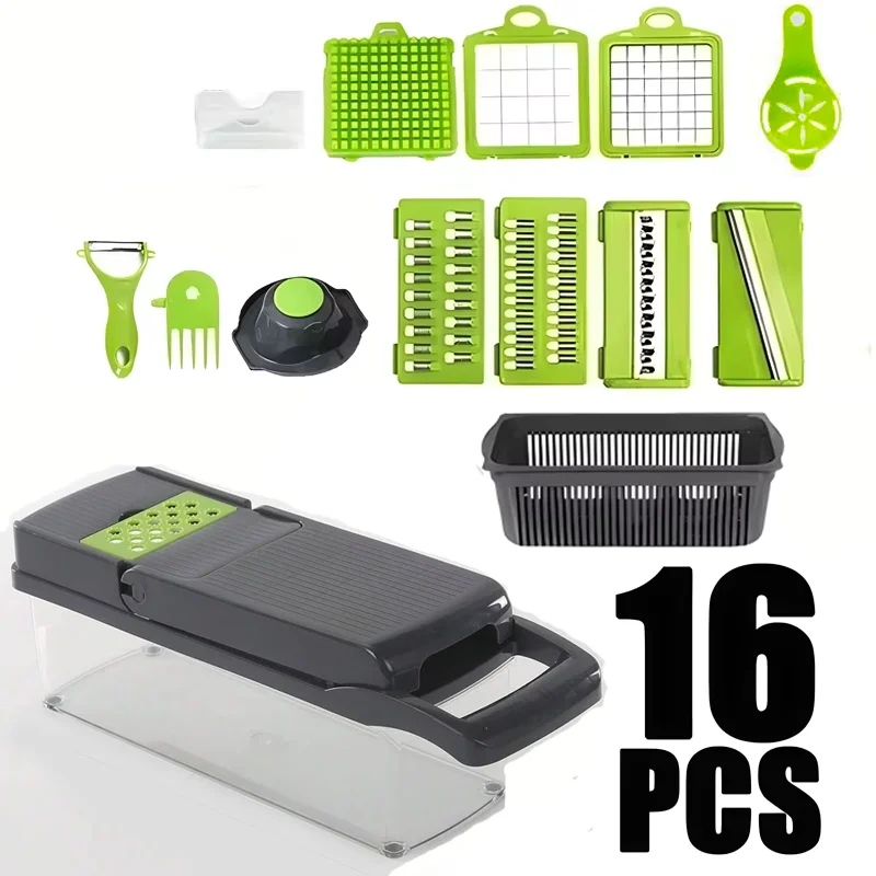 Vegetable chopper set with multiple attachments on a white background