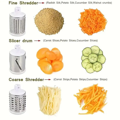 Manual Rotary Vegetable Slicer – 3-Blade Cheese Chopper & Potato Shredder