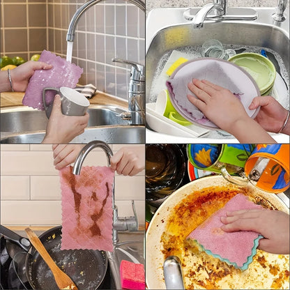 Collage of a pink dishcloth being used to clean various kitchen items.