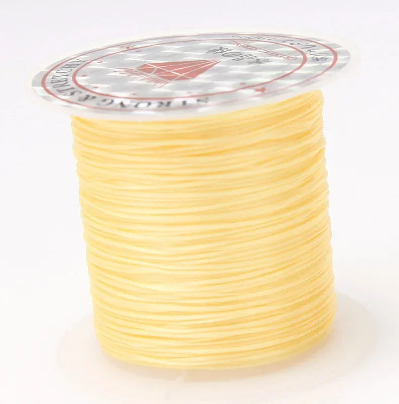 Spool of yellow thread with a clear plastic cover on a white background