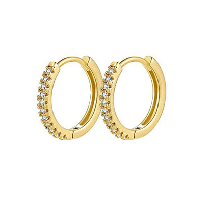 Gold hoop earrings with embedded stones on a white background