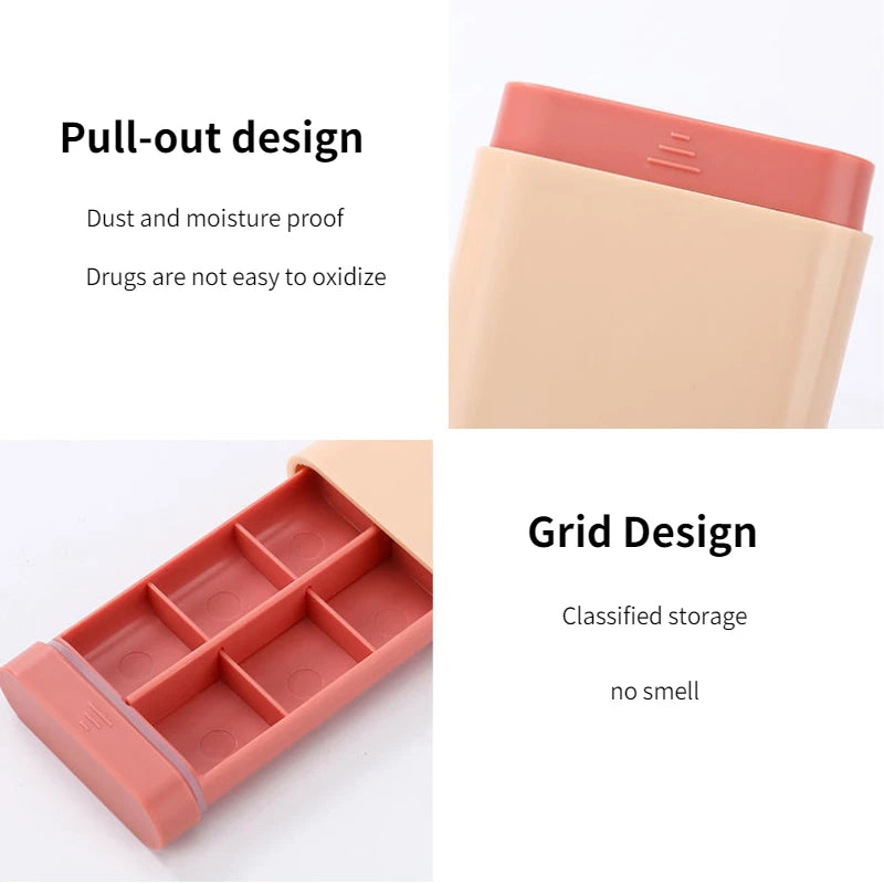 Red and beige药物储存盒，带有'Pull-out design'和'Grid Design'的描述