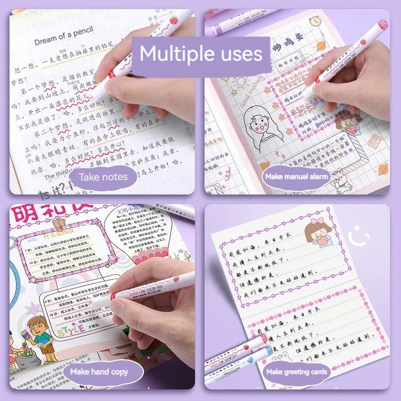 Collage of hands using a pen on various stationery items with text labels on a purple background.