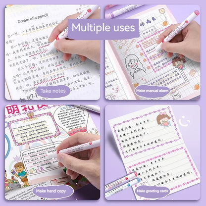 Collage of hands using a pen on various stationery items with text labels on a purple background.