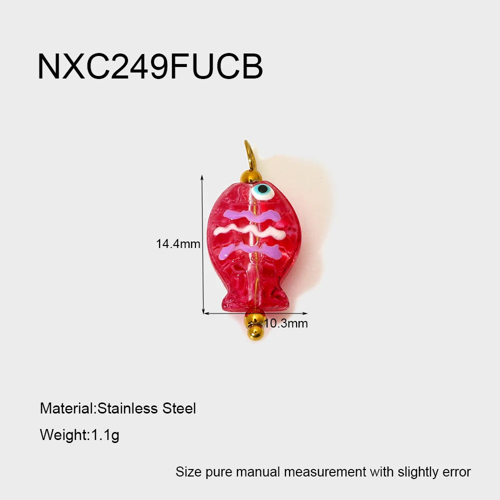 Red fishing lure with measurements and material details on a white background