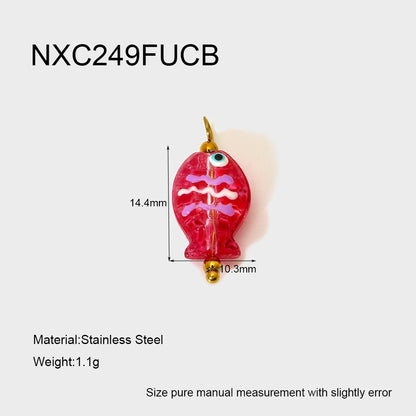 Red fishing lure with measurements and material details on a white background