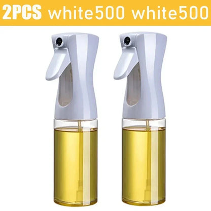 Two white spray bottles with oil, labeled '2PCS white500', on a yellow background.