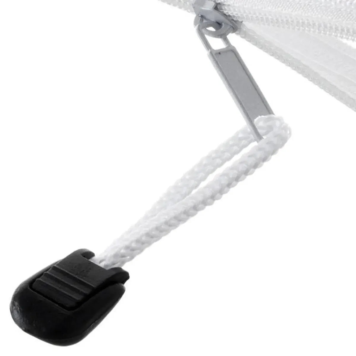 Close-up of a white rope zipper pull on a white background
