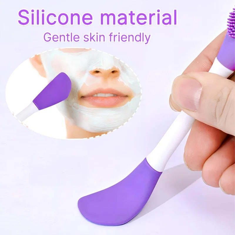 Purple silicone face mask applicator with a hand holding it, on a light purple background.