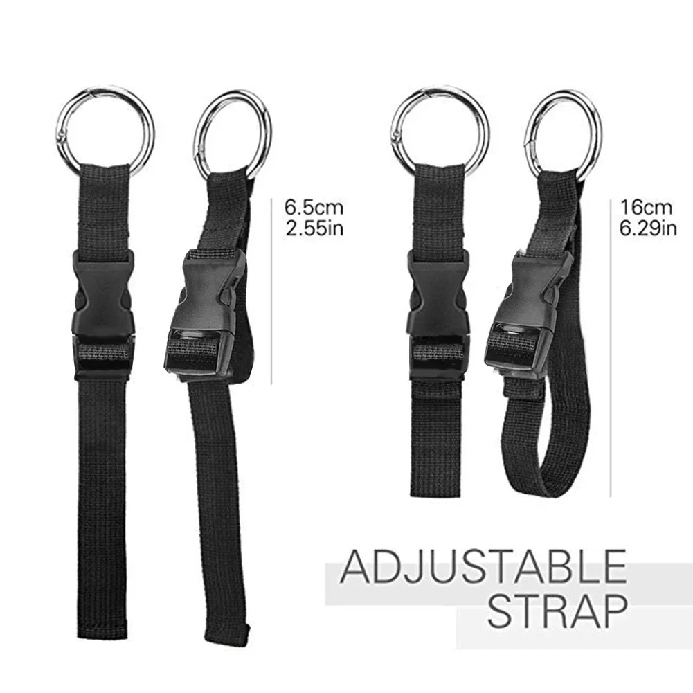 Black adjustable straps with carabiners and measurements on a white background