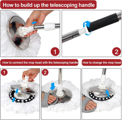 360° Spin Mop and Bucket Set with Wring System – 3 Microfiber Heads