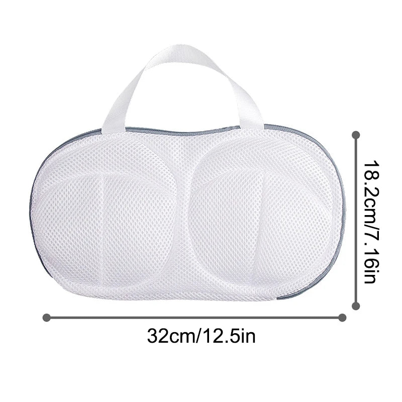 White mesh storage bag with dimensions indicated on a white background