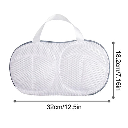 White mesh storage bag with dimensions indicated on a white background