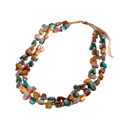 Multicolored beaded necklace on a textured surface