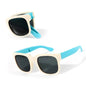 Pair of sunglasses with beige frames and blue arms on a white background