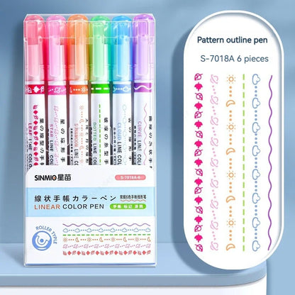 Set of six colorful pattern outline pens with packaging on a blue background