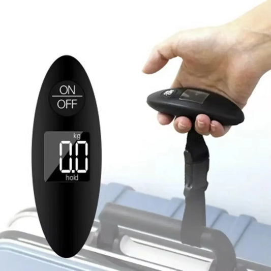 Hand holding a digital luggage scale with a clear background