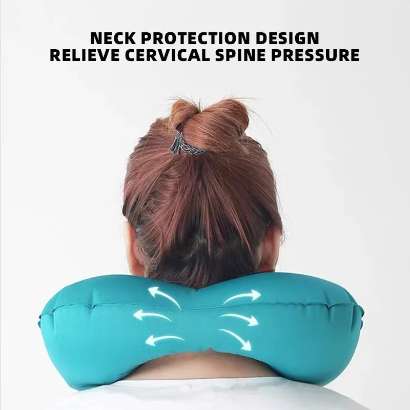 Person using a turquoise neck pillow with text indicating neck protection design.