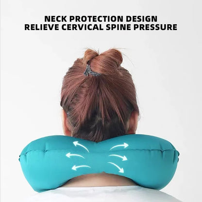 Person using a turquoise neck pillow with text indicating neck protection design.